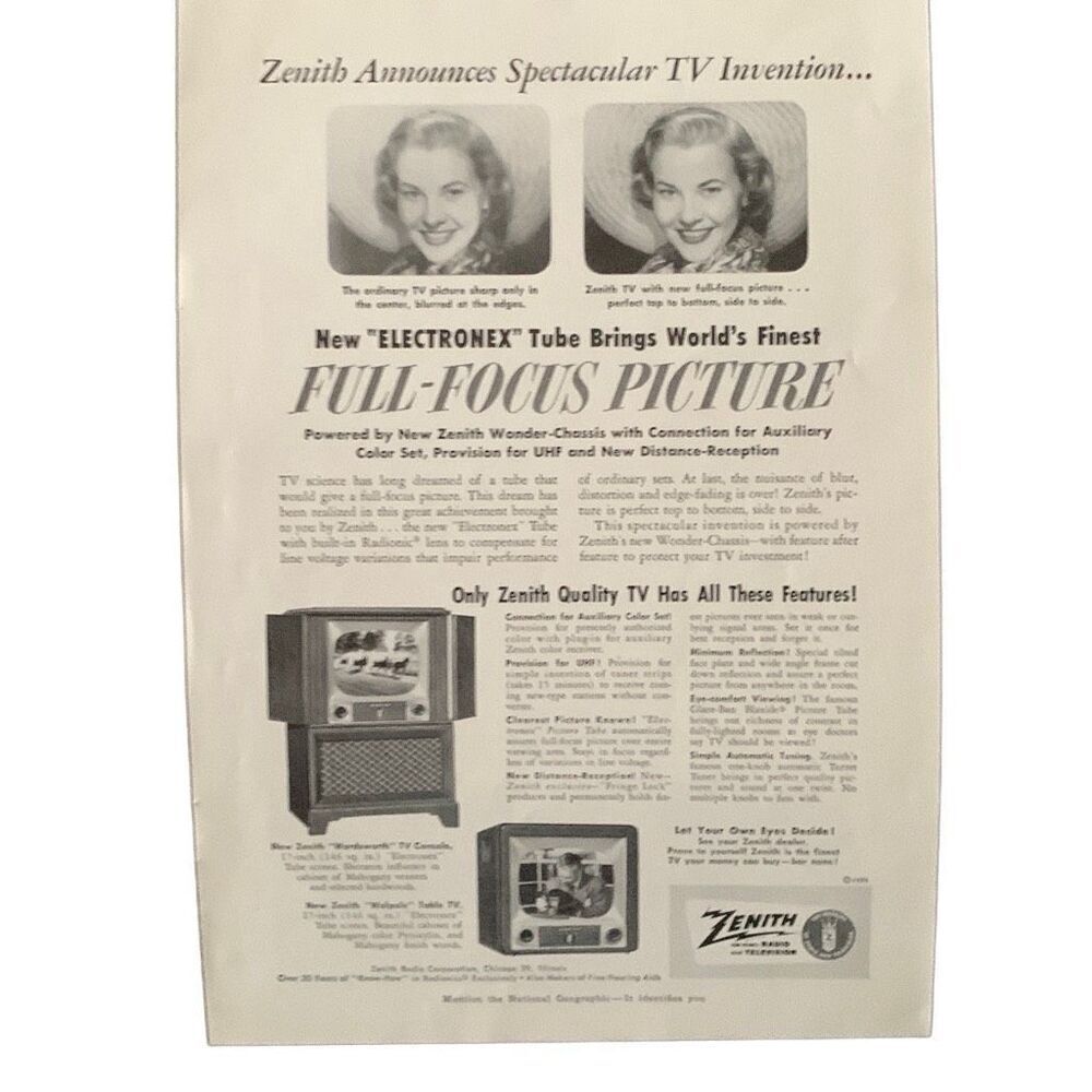 Vintage 1951 Zenith Television Full Focus Picture Ad Advertisement